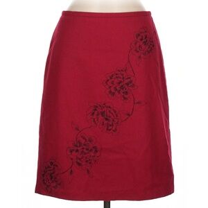LOFT Red Pencil Skirt with Black Floral Design